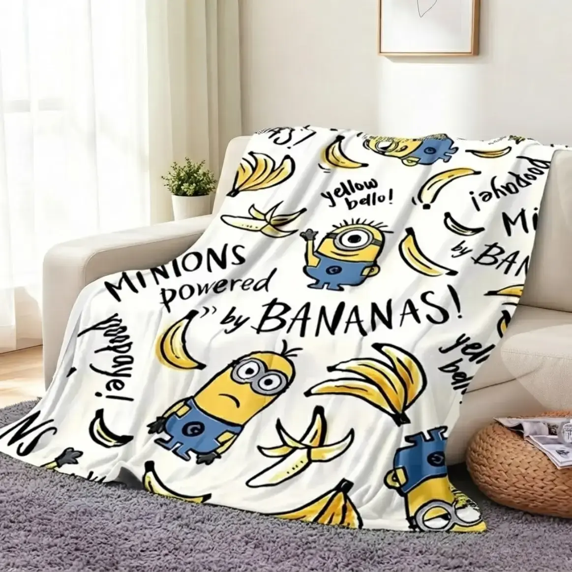 Cute Minions Printed Flannel Blanket For Adults And Kids, Soft Cozy Lightweight AC Throw Blanket In 6 Sizes, Cartoon Bedding Fleece Blanket For Sofa Bed Bedroom Living Room Outdoor Travel Movie Night Home Decor Gift Halloween Christmas Birthday