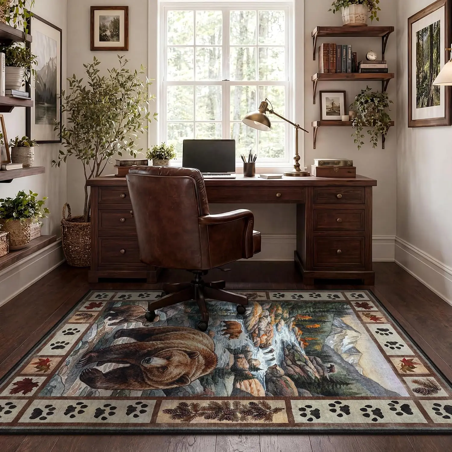 Tribesigns Washable Bear Area Rugs 5x7, Soft Rustic Rugs for Bedroom Dining Room, Non-Slip Low Pile Vintage Wildlife Indoor Carpet for Dorm Playroom Cabin Room Decor, Brown/5x7