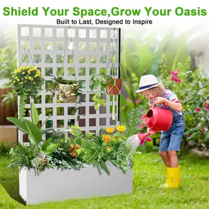 Galvanized Raised Garden Bed with Trellis & Privacy Screen – White Metal Planter Box for Outdoor Climbing Plants, Flowers, Vegetables, with Drainage Holes