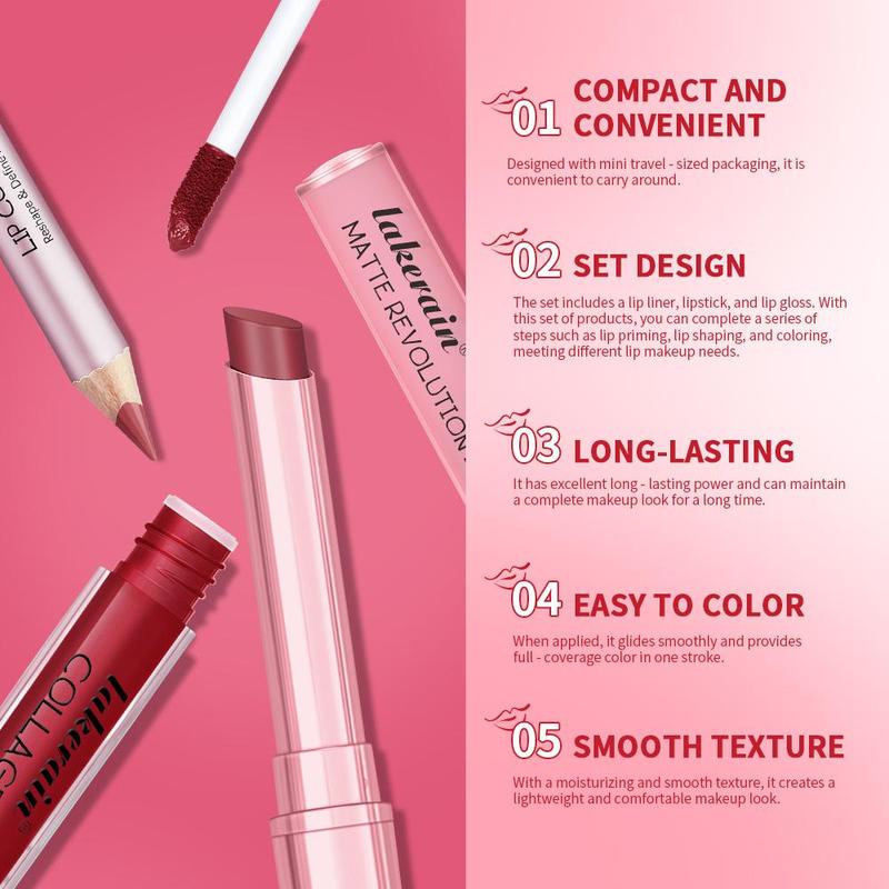 Iconic Mini Lip Kit, 3 Counts/Set, Waterproof and Smudge-Proof Lipstick Set, High-Pigment Lip Liner, Matte Lip Pencil, Lip Liner+Matte Lipstick+ Lip Gloss, All-in-One Longwear Lip Makeup, for Outdoor and Travel, Lip Cosmetics, Lip Makeup