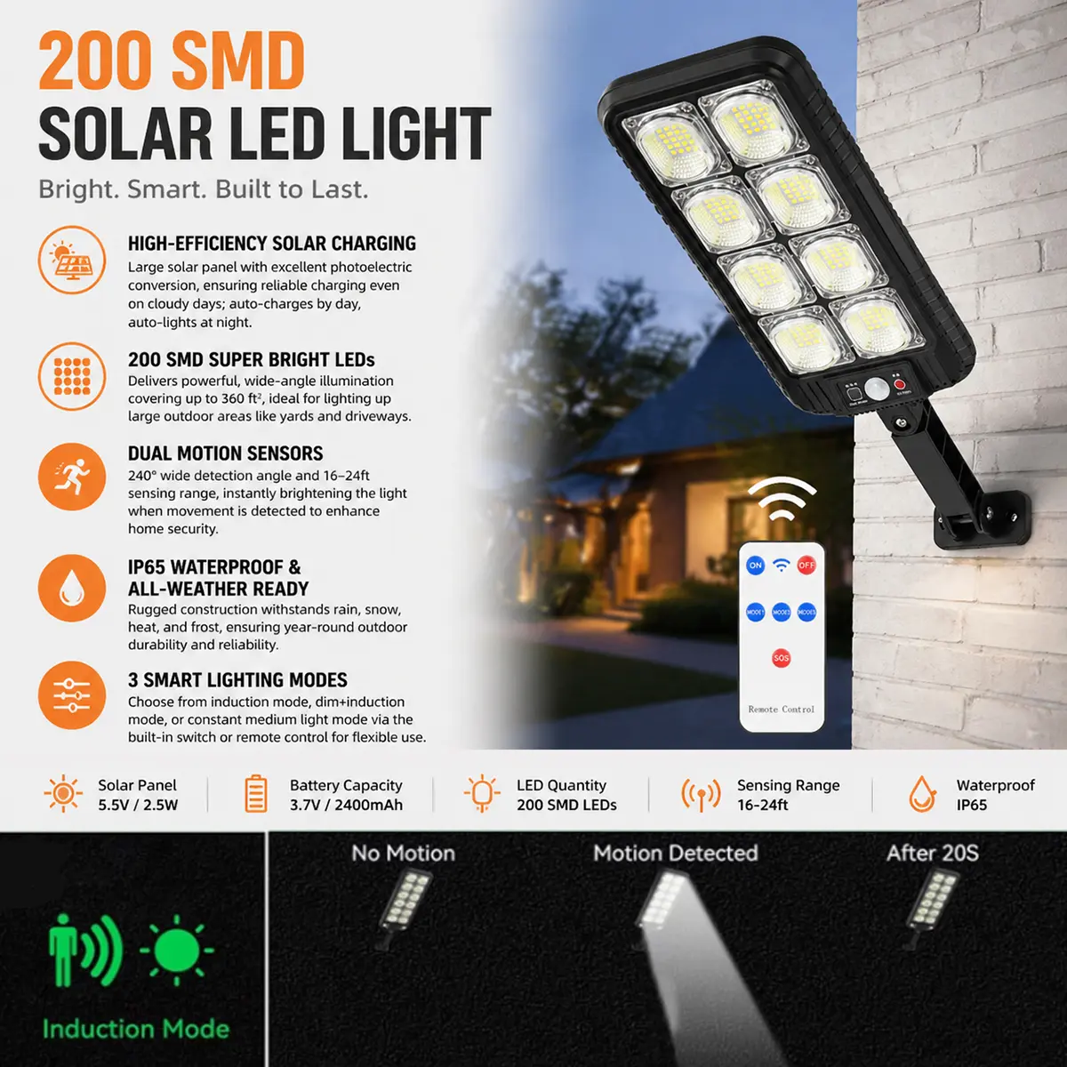 Commercial Solar Street Flood Light - 200 SMD Super Bright 1600LM LED Outdoor Lighting, IP65 All-Weather Ready, Dusk-to-Dawn Wall Lamp with Motion Sensor, 3 Smart Lighting Modes for Driveways, Parking Lot, 200 Smd Super Bright Leds