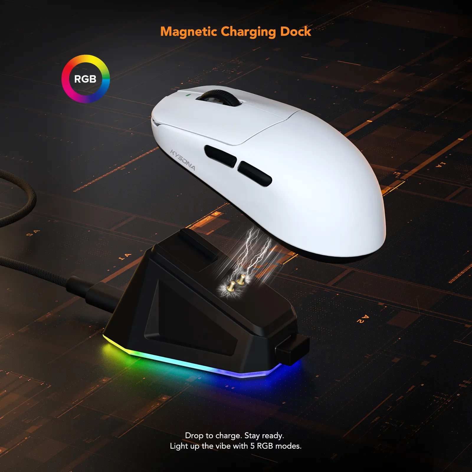 KYSONA Mercury SE Gaming Mouse - 40g Ultra-Lightweight, PAW3311 Optical Sensor, 24000 DPI, Tri-Mode Wired/2.4G/Bluetooth Wireless, Magnetic RGB Charging Dock, Skin-Friendly Ergonomic Design, Color Changing Lights, 2.4G Receiver Included for Gaming Use