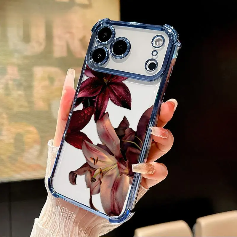 Electroplated Four Corner Anti-Fall Dew - kissed Lilies' Rhapsody Pattern Phone Case for iPhone 17 Pro Max 16 Air 15 Plus 14 13 12 11  Shockproof Transparent Protective Cover