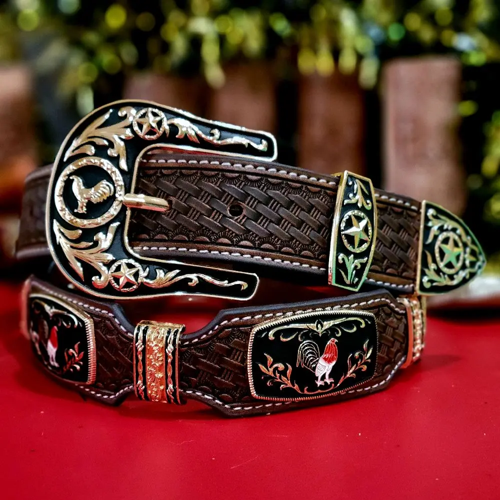 Rooster Western Belt Texas style Cowboy Cowgirl/ star Gold genuine Leather sz Large coffee brown Rooster Western Belt Texas style Cowboy Cowgirl/ star Gold genuine Leather sz Large coffee brown