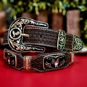 Rooster Western Belt  Texas style Cowboy Cowgirl/ star  Gold  genuine Leather sz Large coffee brown