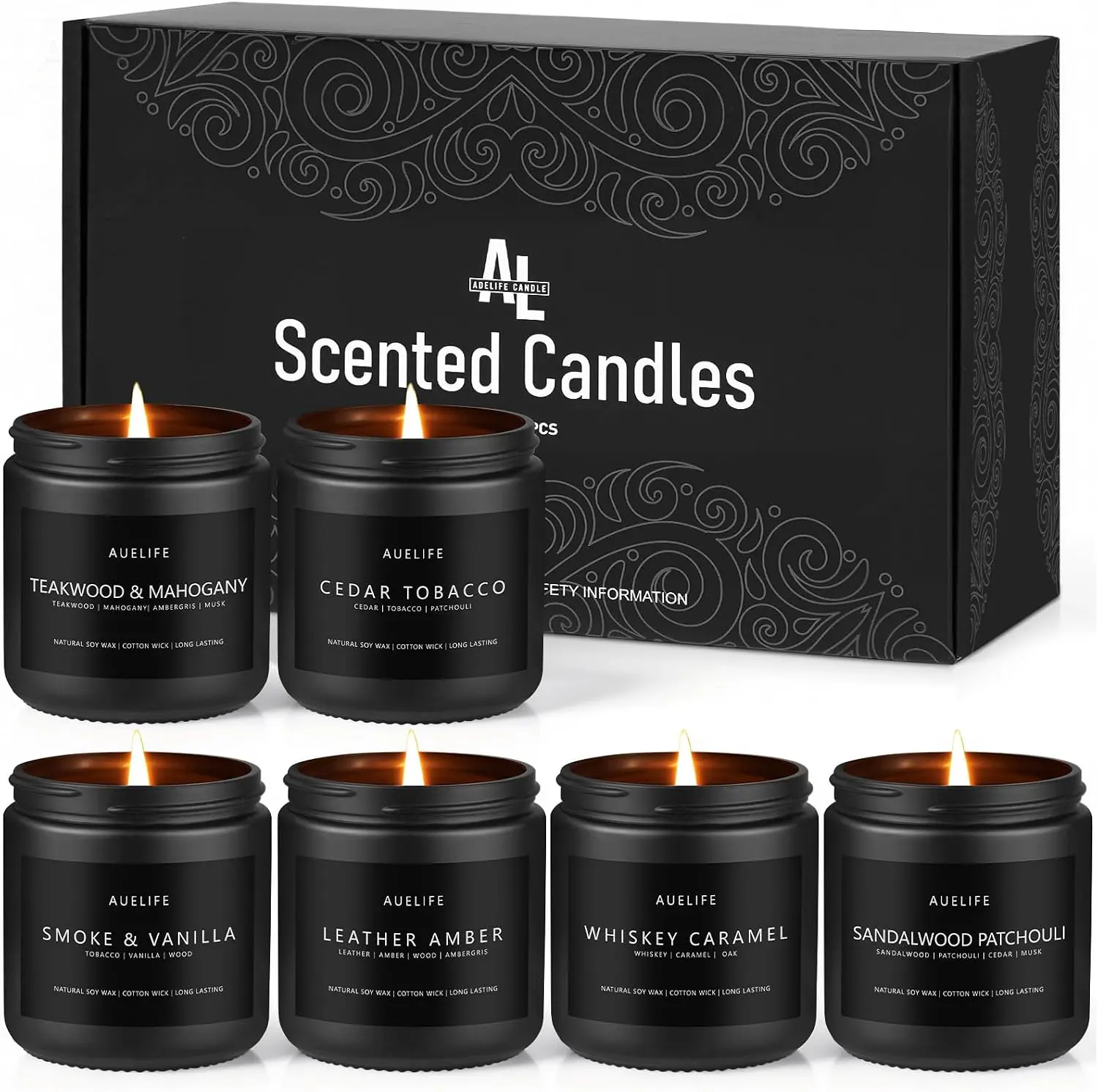 6 Pack Scented Candles for Home, 3.5oz Natural Soy Wax Candles Gift Set,Each 25H Burn, Aromatherapy Candles for Men (Mahogany/Vanilla/Sandalwood/Leather/Cedar/Whiskey)