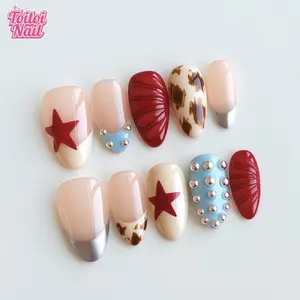 Western Star Handmade Press-On Nails, Salon Quality Nails, Short Almond Shape, 10pcs, Edgy Retro Western Star Design, Sheer Nude Base & Burgundy Star & Leopard Print & Silver French Accents, Reusable DIY Nail Kit for Women, Trendy Nails for Spring