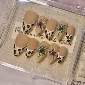 Cow Print 3D Flower Press On Nails, Handmade Reusable Stiletto Fake Nails