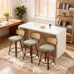 Mikibama Swivel Counter Height Bar Stools Set Of 3 26" Seat Height Upholstered Linen Rattan Back Bentwood Wood Frame Kitchen Island Chairs