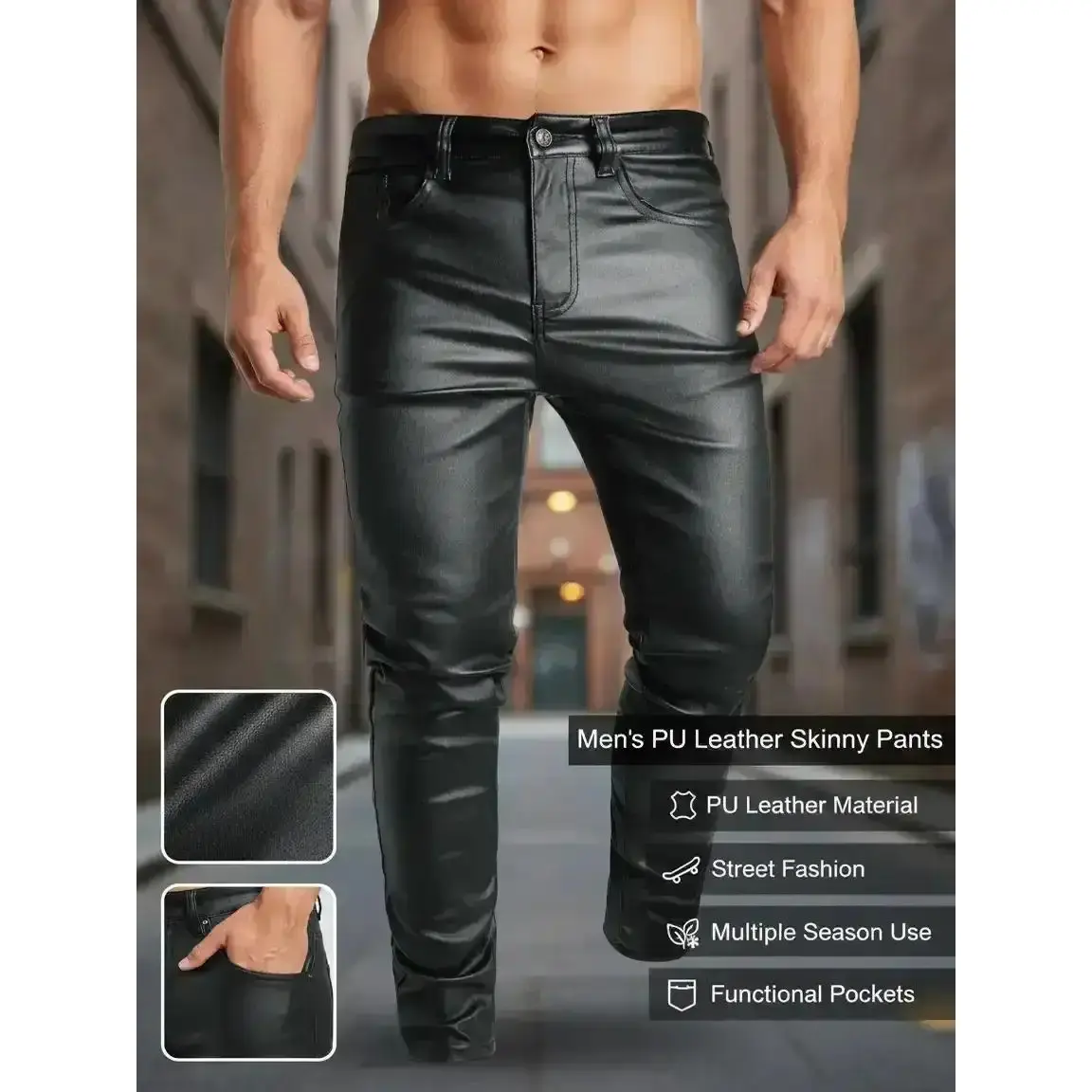 Men Solid Color Leather Pants Tight Fitting Street Fashion Casual Comfy Pocket Trousers Daily Bottoms All Seasons Slant Skinny 2026
