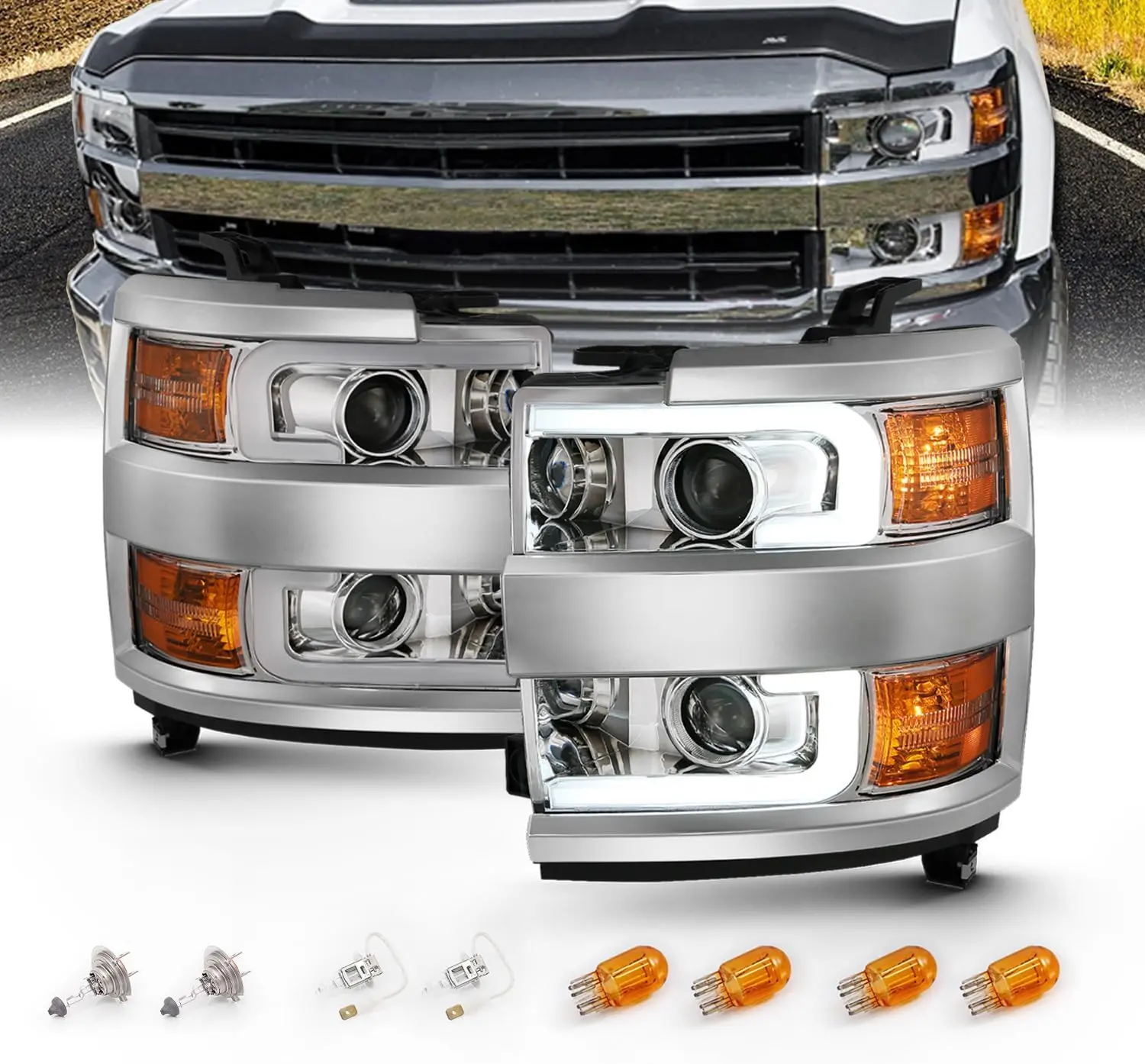 AmeriLite for 2015-2019 Chevy Silverado 2500HD 3500HD Work Truck Chrome Quad Projector Headlights w/Dual LED Tube Replacement Assembly Set - Passenger and Driver Side