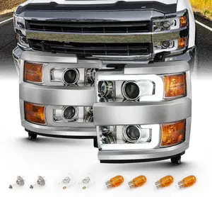 AmeriLite for 2015-2019 Chevy Silverado 2500HD 3500HD Work Truck Chrome Quad Projector Headlights w/Dual LED Tube Replacement Assembly Set - Passenger and Driver Side
