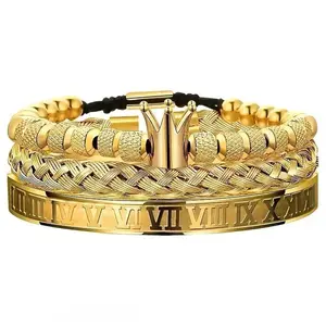 Men's 3-Pack Stacked Hip Hop Streetwear Bracelet Accessories - Stainless Steel Roman Numeral Crown Charm Bangle, Braided Rope Chain, Classic Design Fashionable Casual Jewelry, Ideal Birthday Christmas Gift for Men