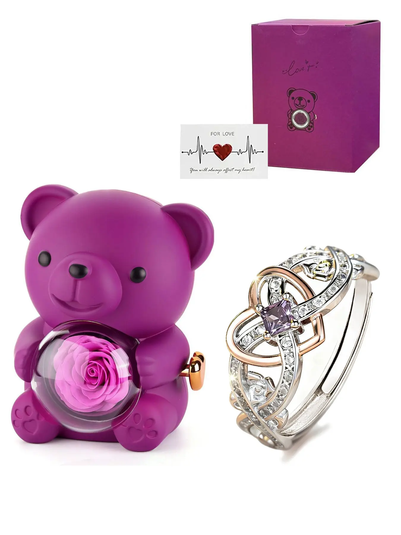 Shiny White Rose Princess Ring with Rose Box, Elegant Eternal Love Ring, Amethyst Cubic Zirconia Promise Ring, Ladies Engagement Wedding Ring, Christmas Romantic Jewelry Gift for Her