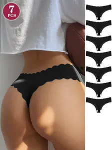 7-Pack New Low-Waist Seamless Scallop-Trimmed Women's Thongs & V-Strings - Basic Black Polyamide Knit Fabric, Sexy Breathable, Comfortable Elastic, Solid Color, 90% Polyamide + 10% Elastane, Panties Panty Womenswear Everyday Minimalist