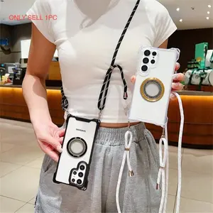 Crossbody Lanyard Phone Sling Case For Samsung S24 FE S25 Plus S25 Ultra A16 A26 A36 A56 A17 A54 A55 5G Four Corners Strap Wireless Charge Case Shockproof Clear Cover