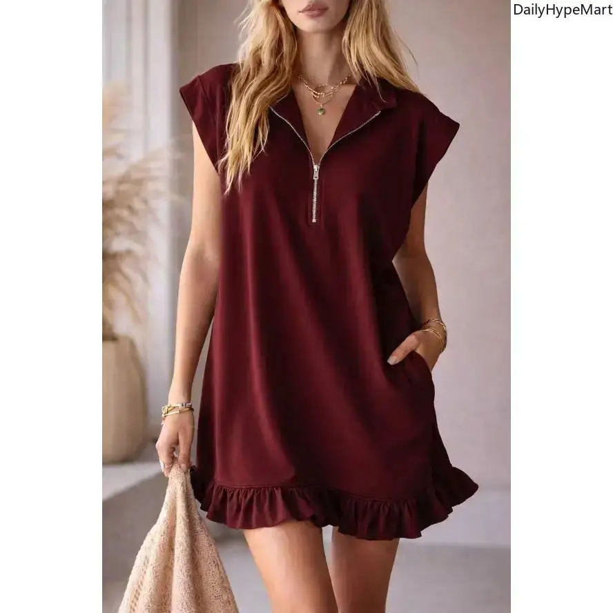 Women's Chic A-Line Dress - Lightweight Sleeveless V-Neck with Front Zipper, Ruffle Hem & 2 Pockets for Work & Casual Wear, Lady, Everyday, Elegant, Basic, Style, Funky, Peppy, Pvc