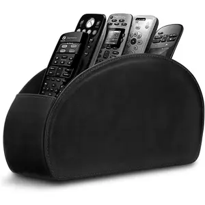 Leather 5 Compartments Remote Control Holder Caddy Storage Tray Desktop Organizer for Remotes Glasses Pens Brushes Space Saver for Bedside Table Office Desk Black