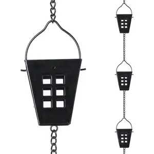10Ft Black Rain Chain with 12 Cups, Adjustable Rain Catcher Chain with Bell for Eaves Drainage, Outdoor Replacement Downspout for Gutters