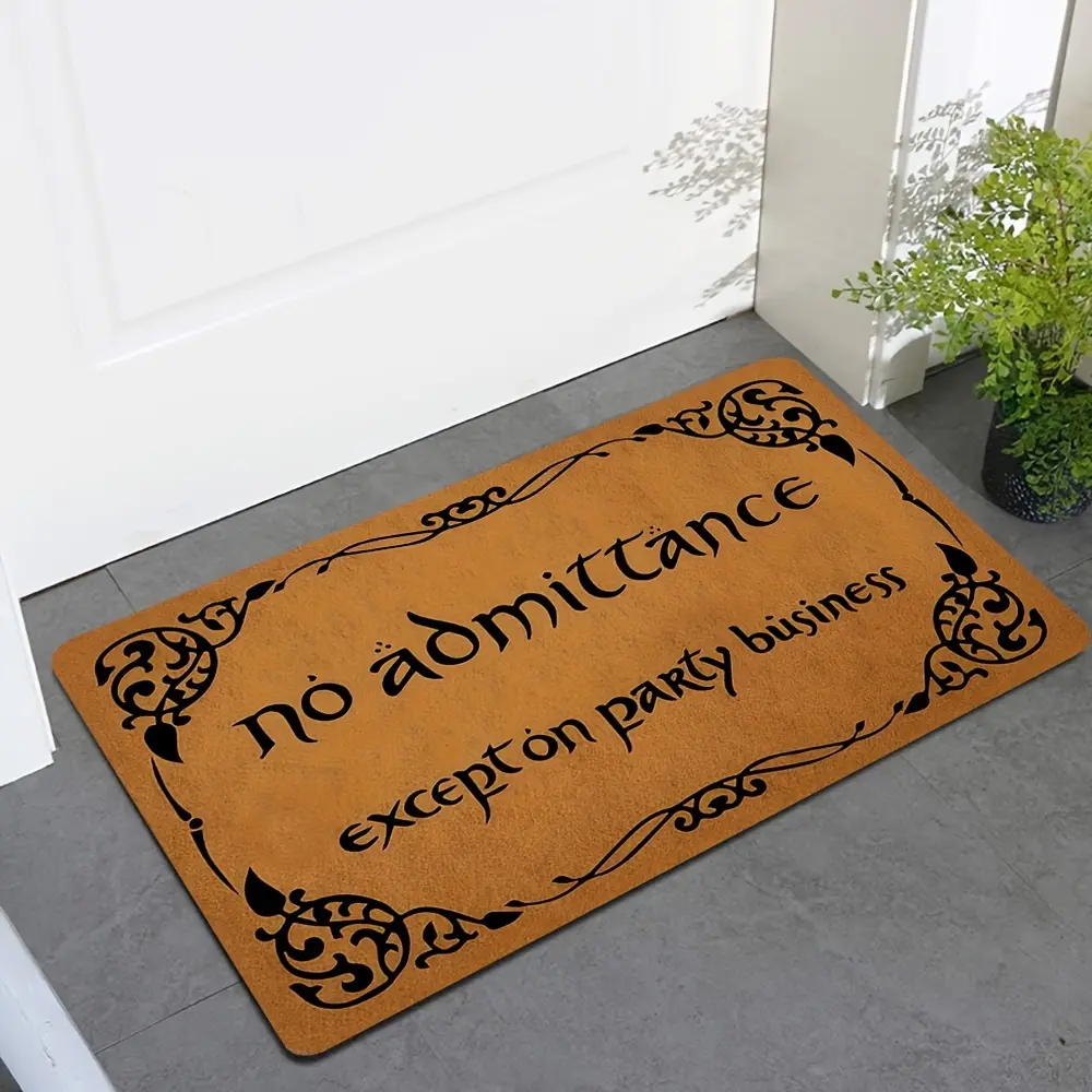 Funny Hobbit Lord of the Rings Inspired Door Mat, "No Admittance Except On Party Business" Plush Boho Graphic Rug - Anti-Shrink, Non-Slip, Entryway Use Nerdy Decor