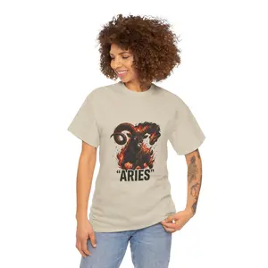 Unisex Aries Flame Ram Zodiac T-Shirt — Fire Sign Graphic Tee, Round Neck Short Sleeve, Astrology Birthday Gift, Casual Streetwear
