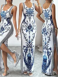 Blue-And- Porcelain Style Sleeveless Bodycon Dress for Women, Boho Print Long Dress, Summer Beach Vacation, Evening Party Wear