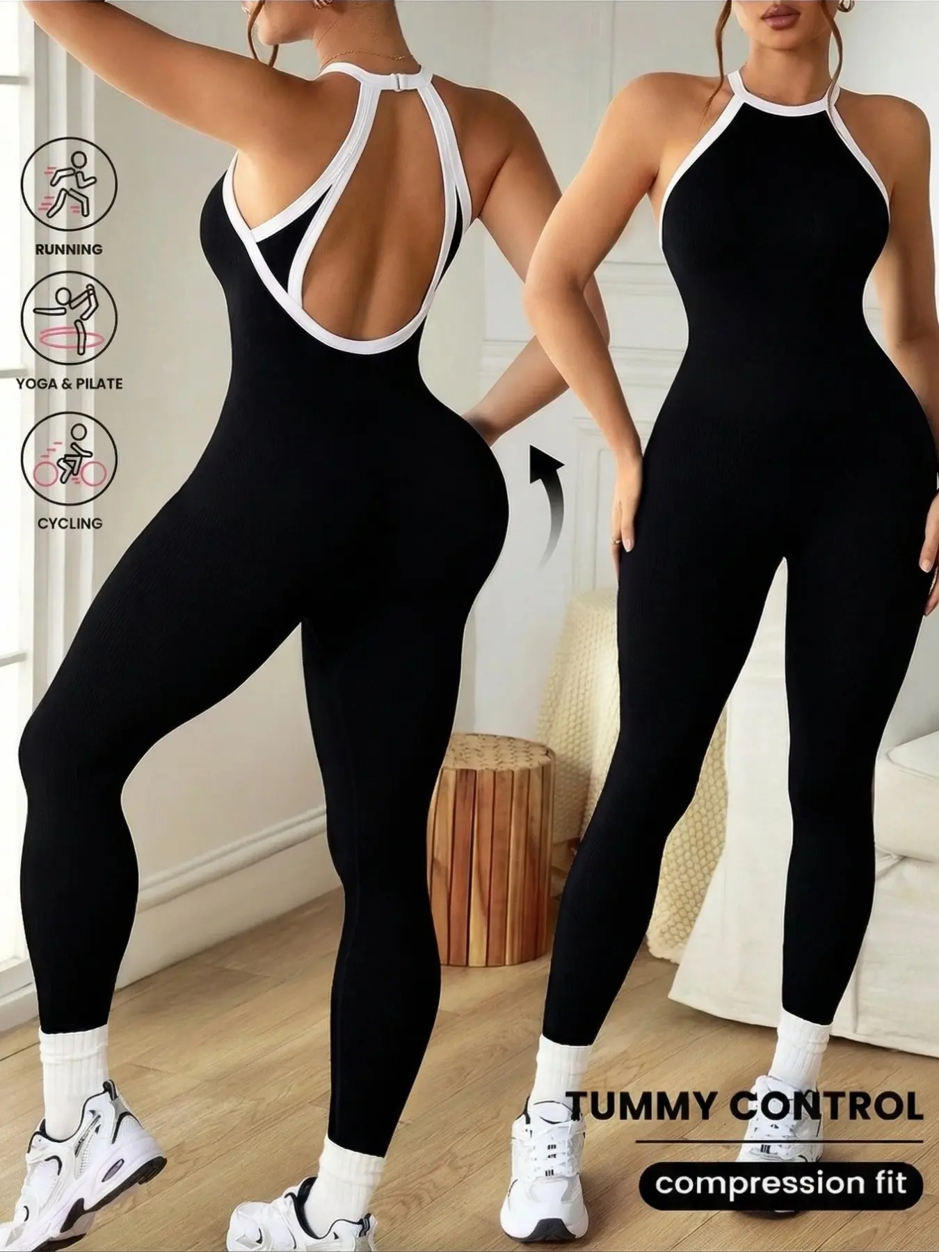 Women's Colorblock Backless Sleeveless Spring Summer Knit Tight Yoga Jumpsuit, Casual Sportswear, Home Commute Leisure Wear, Workout Jumpsuits, Fitness Yoga Jumpsuit, Stretchable Activewear