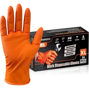 Heavy Duty Nitrile Disposable Gloves,8-mil Orange,Raised Diamond Texture Work Gloves，Industrial Work gloves Cleaning