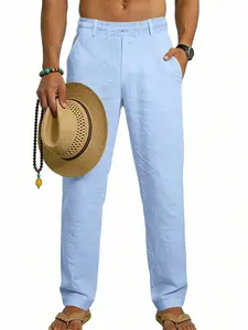 Men's All-Seasons Outfits Solid Color Linen Casual Pants, Elastic Waist Drawstring Long Pants, Lightweight Loose Fit, Perfect for Summer Beach and Vacation, Menswear.