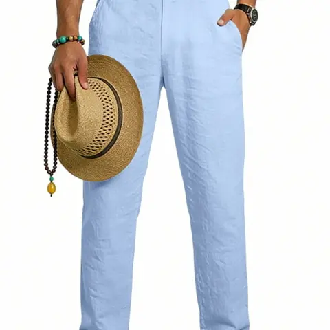 Men's All-Seasons Outfits Solid Color Linen Casual Comfy Trouser Pants, Elastic Waist Drawstring Long Pants, Lightweight Loose Fit, Relaxed Fit Clothes, Perfect for Summer Beach and Vacation, Casual Fit Drawstrings, Menswear.