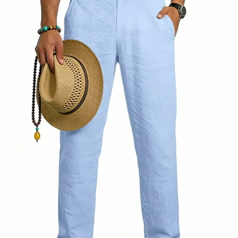 Men's All-Seasons Outfits Solid Color Linen Casual Comfy Trouser Pants, Elastic Waist Drawstring Long Pants, Lightweight Loose Fit, Relaxed Fit Clothes, Perfect for Summer Beach and Vacation, Casual Fit Drawstrings, Menswear.