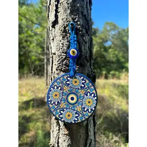 Wall Hanging Ceramic Evil Eye Nazar Boncuk Mal De Ojo, Modern Boho Style Home Decor -- Diamond Floral Mandala
