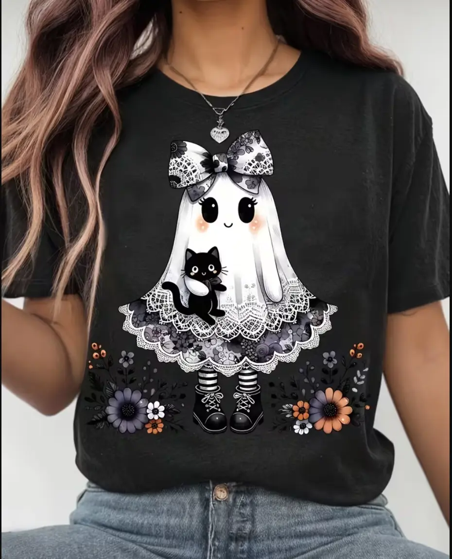 Summer casual Halloween printed short-sleeved T-shirt, Halloween T-shirt, cute Halloween T-shirt, evil spirit T-shirt, autumn cute bow T-shirt, black Halloween seasonal fashion retro design, comfortable cut shirt, gift shopper, festive outfit