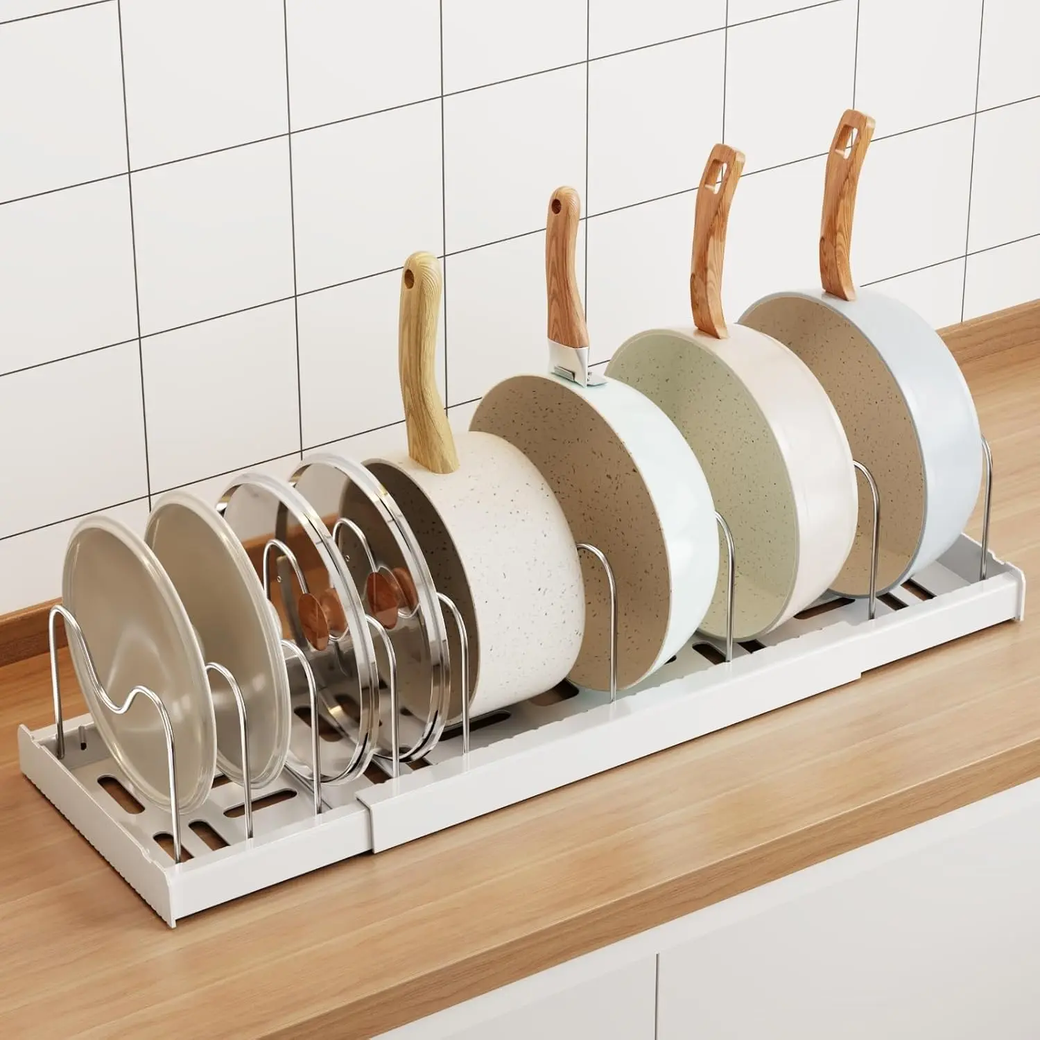 Durable Metal Cookware Storage Rack - Sturdy Adjustable Stainless Steel Kitchen Organizer with 7 Movable Adjustable Dividers, U-Shape Lid Holder, Multiple Compartments, Non-Slip Base, Hassle-Free Tool-Free Setup, Space-Saving Design (Home Supplies)