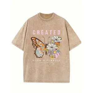 Summer Tops2026Women's Retro Washed  T-Shirt - 230g Thick  Loose Fit Crew Neck Short Sleeve, Vintage Street Style With Floral Butterfly & Inspirational Letter Print, Machine Washable Spring/Summer Casual Top,  T Shirts