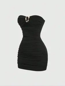 Women's New Fashion Comfortable Knitted Halter Pleated Bodycon Dress, Metallic Metal Decorative Buckle, Hollow Out Design, Slimming Waist, Party Wear, Casual Outerwear