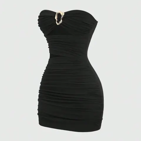 Women's New Fashion Comfortable Knitted Sleeveless Halter Pleated Bodycon Stretch Dress, Elegant Cocktail Dress, Womenswear, Metallic Metal Decorative Buckle, Hollow Out Design, Slimming Waist, Party Wear, Casual Outerwear, Fit, Knitting Bodycon Dress