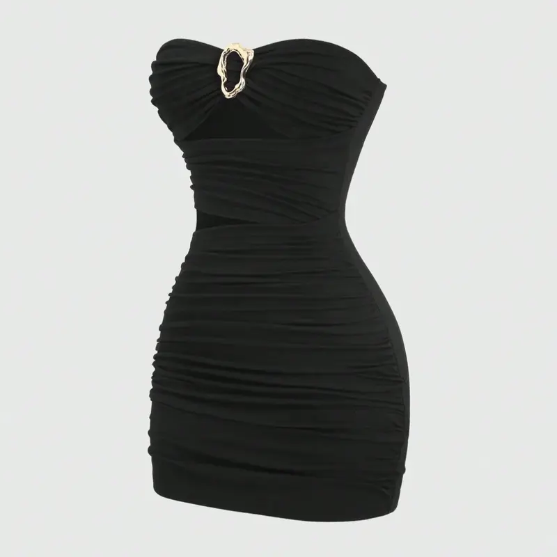 Women's New Fashion Comfortable Knitted Sleeveless Halter Pleated Bodycon Stretch Dress, Elegant Cocktail Dress, Womenswear, Metallic Metal Decorative Buckle, Hollow Out Design, Slimming Waist, Party Wear, Casual Outerwear, Fit, Knitting Bodycon Dress