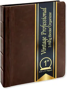Vintage Professional 3 Ring Binder Organizer, 1-Inch round Rings, 8.5" X 11" Sheet Size, 2 Inner Pockets, 1.6" Spine, Appearance of Antique Brown Leather Ring Binder Depot