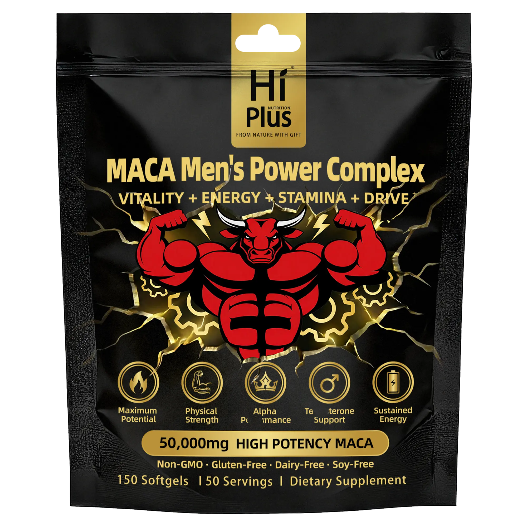 HiPlus Men's Complex Supplement with Shilajit, Maca, Ashwagandha, Ginseng - Supports Energy, Stamina, Focus - 150/300 Softgels Summervibes