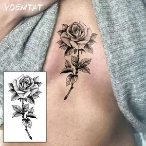 Waterproof Temporary Tattoo Sticker Black Line Rose Lily Peony Flowers Leaves Simple Pattern Body Art Arm Fake Tattoos Sleeve For Women Men Chest Wrists Neck Legs Ankles