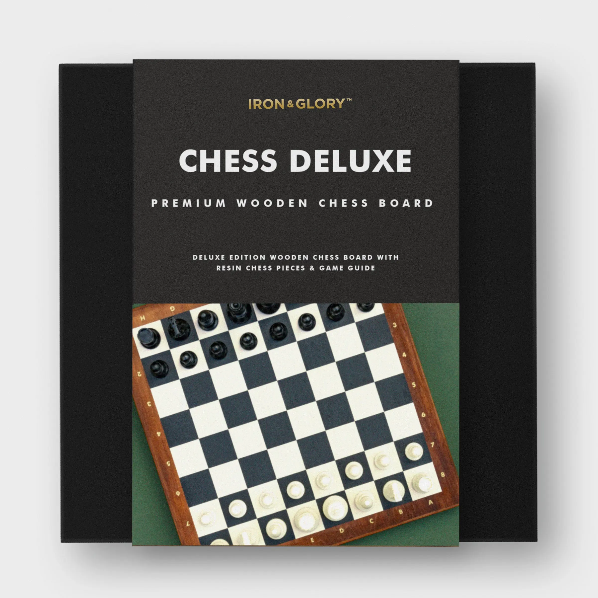 Iron & Glory Chess Deluxe - Board Games for Adults - Wooden Board Game Set - 34 Resin Pieces - 2 Extra Queens - Classic Black & White - Folding Storage Box
