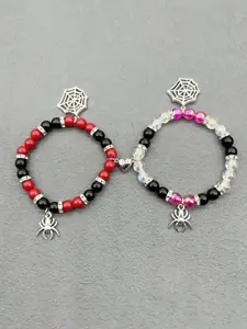 Fashion Spider & Net Design Charm Beaded Bracelet, Charms Bracelet, Casual Simple Half Magnetic Heart Charm Witchy Jewelry for Party, Daily Clothing Decor