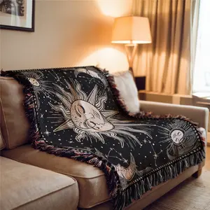 Black And White Sun And Moon Pattern Bohemian Style Sofa Towel, Soft Sofa Protector, Washable Sofa Slipcover: Thick Soft, Yarn Woven Not Printed, Non Fading and Easy To Care, Can Be Used for Home Decoration, Picnic, Travel, Outdoor Camping, Office Nap