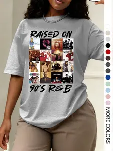 Women's Casual Loose-Fitting Round Neck T-Shirt, 90's R&b Fashion Print, Summer Home Wear, Outdoor Vacation Clothing