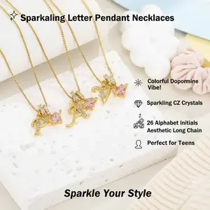 Colorful Dopamine Vibe! 26 Alphabet Initial Pendant Necklace, Sparkling CZ Crystal Jewelry for Teen Girls, Aesthetic Long Chain Necklace for Outfits jewellery
