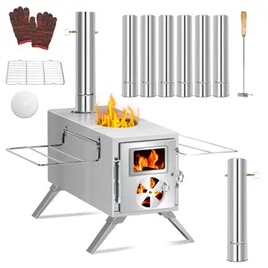 [Stainless Steel Hot Tent Stove] Portable Stainless Steel Hot Tent Stove - Collapsible Wood Burning Stove for Winter Camping, Outdoor Tent and Shelter Heating - Flue, Heat Resistant Glass and Outdoor Gloves Included