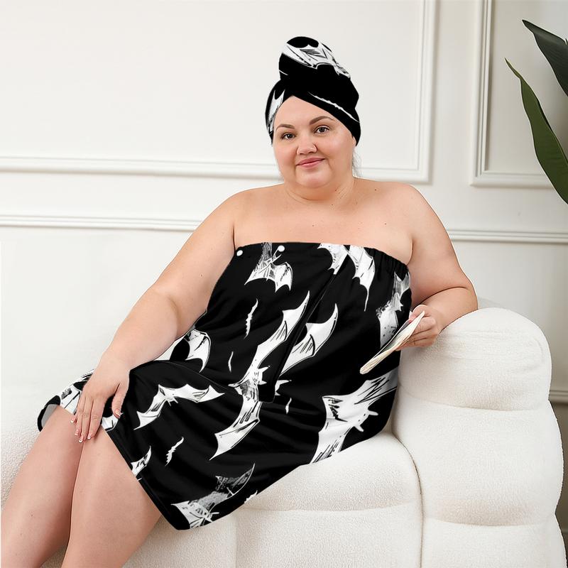 XXXXL plus-size bathrobe set, Halloween bat series, suitable for women, absorbent hair wrap towel for after bathing, spa, and swimming pool. A must-have for home/travel.