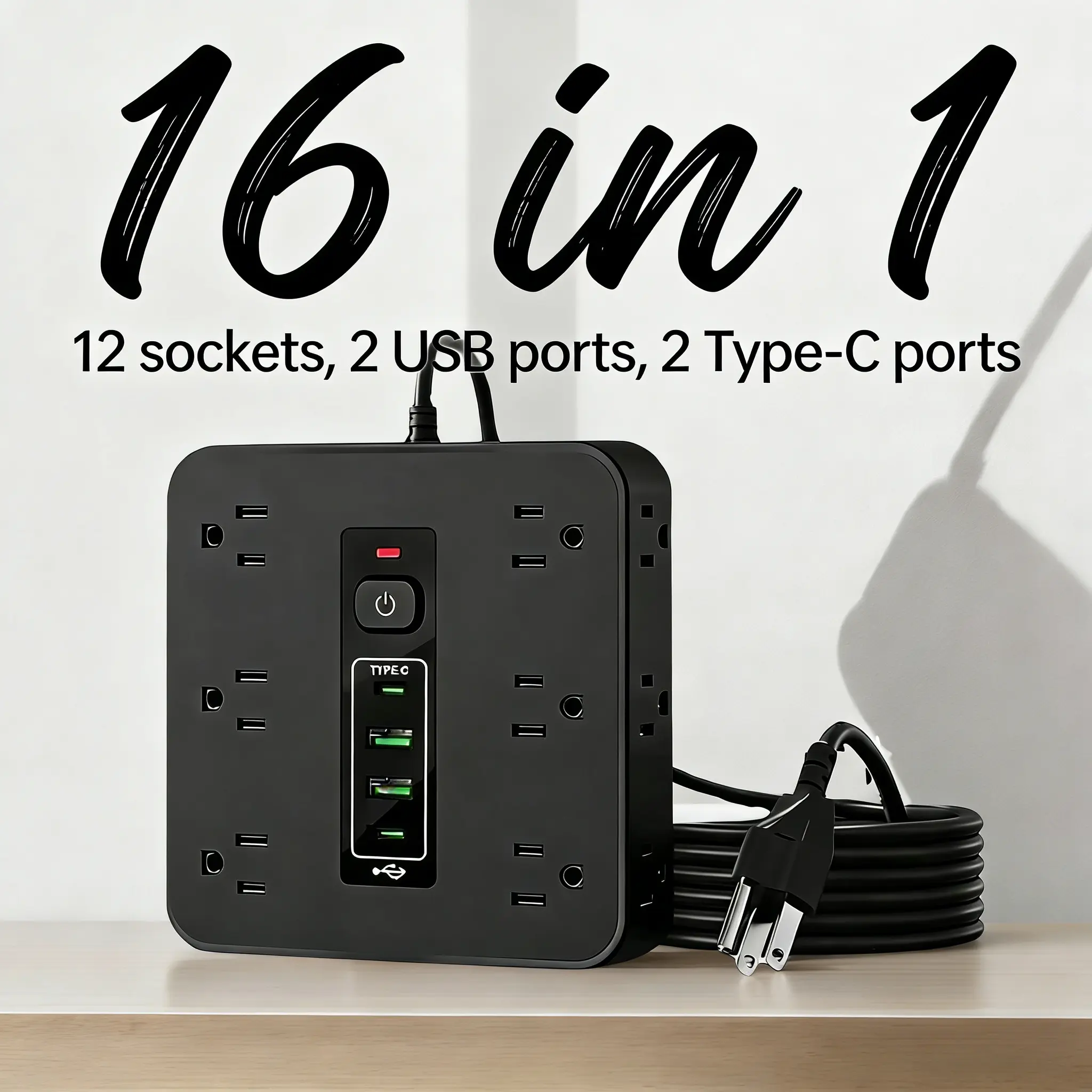 Multifunctional Power Strip, 12 AC Outlets, 2 USB Ports, 2 Type-C Ports, Multifunctional Wall Outlet Extender with Comprehensive Protection, Flexible Installation, Travel Friendly for Home & Office, Flexible Multi-Port Sockets, Multi-Port Charger