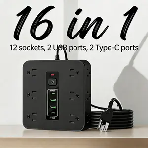 US Plug Surge Protection Power Strip, 12 AC Outlets, 2 USB Ports, 2 Type-C Ports, Multifunctional Wall Outlet Extender with Comprehensive Protection, Flexible Installation, Travel Friendly for Home & Office